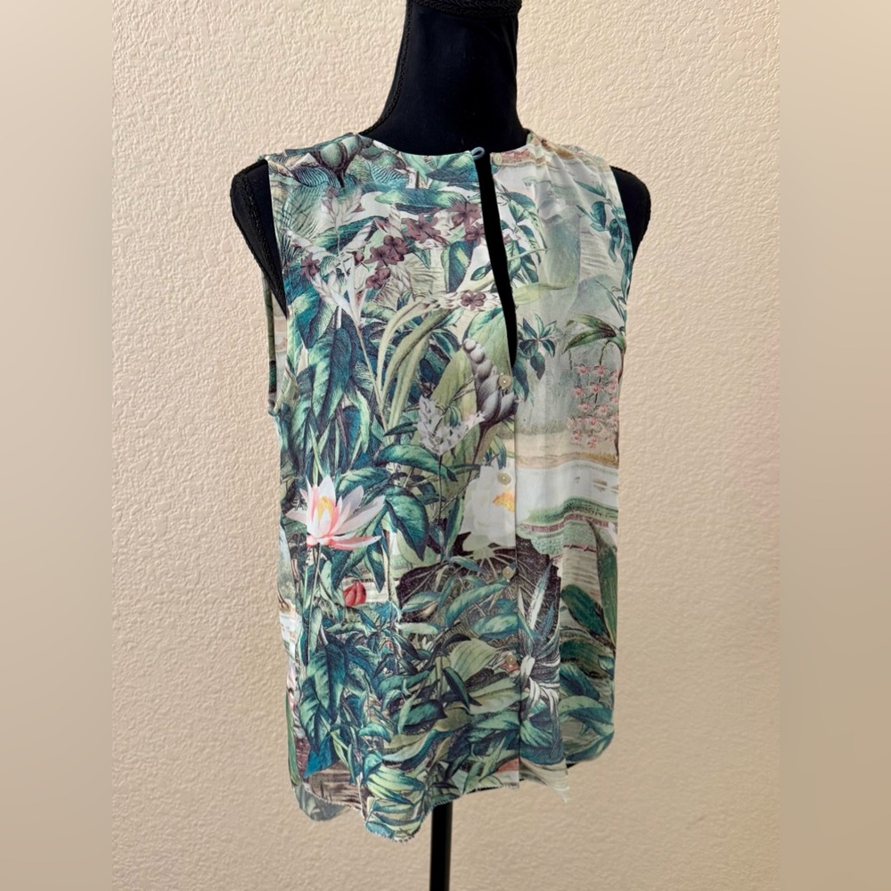 H & M Conscious Collection Tropical Button-Up Sleeveless Blouse Sz 6-8 High Low